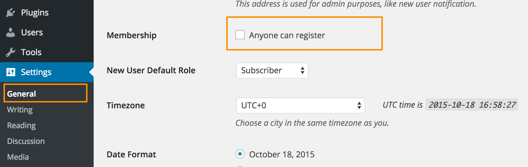 WordPress Default User Registration Settings