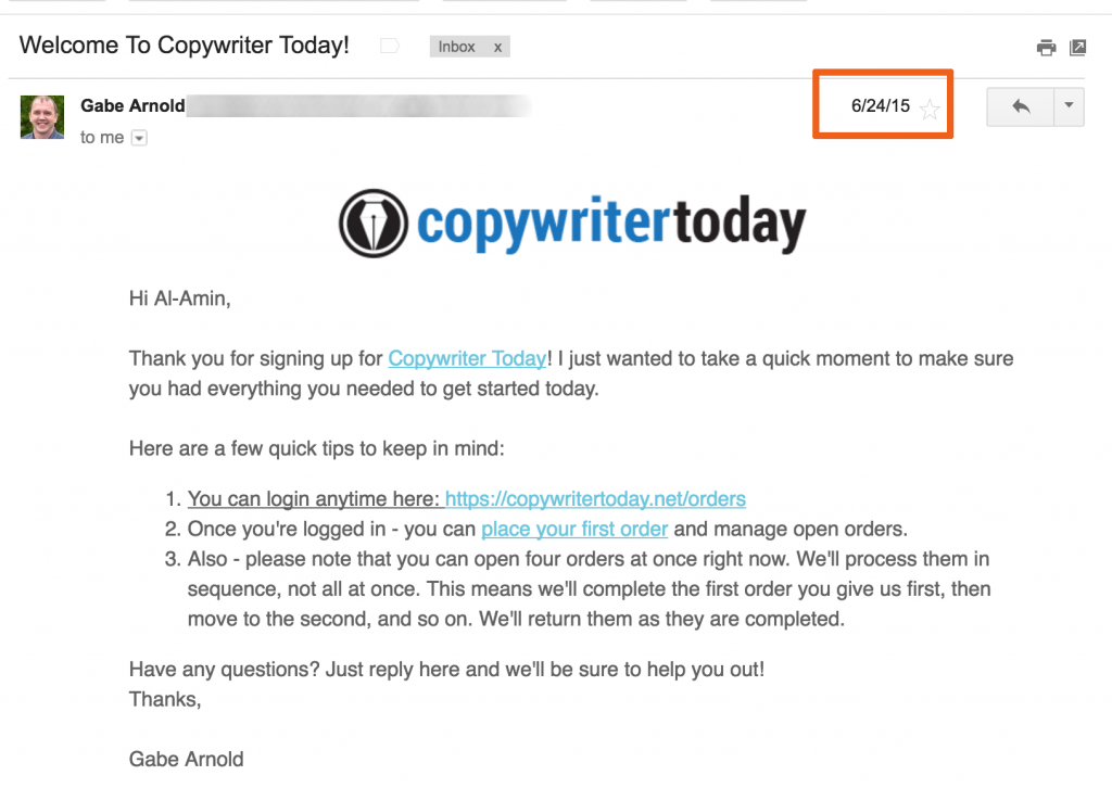 CopyWriterToday Welcome Email